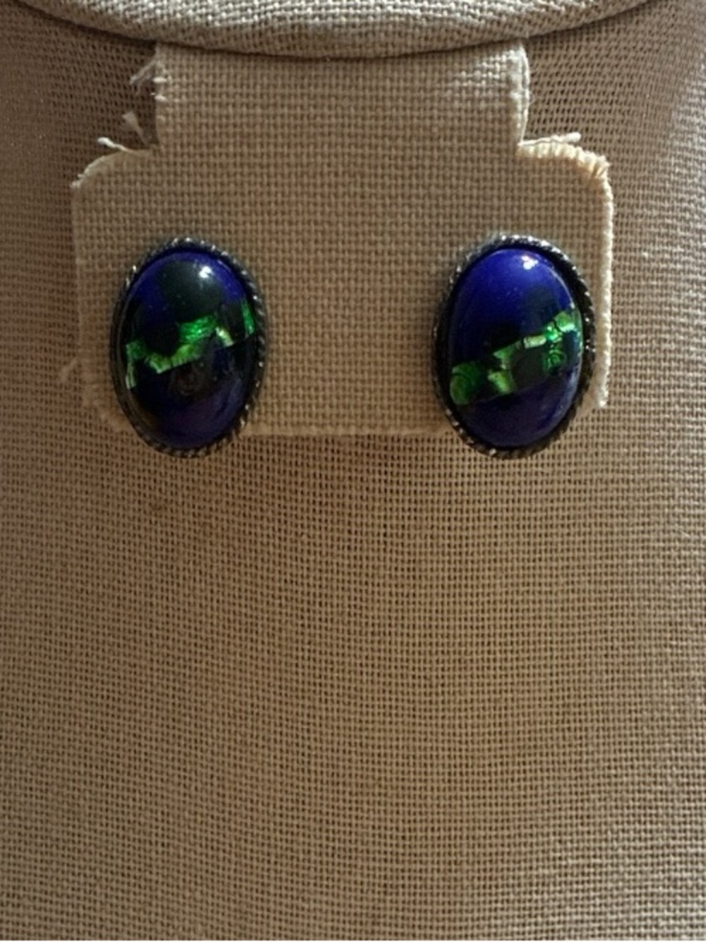 Blue and Green Oval Glass Clip On Earrings